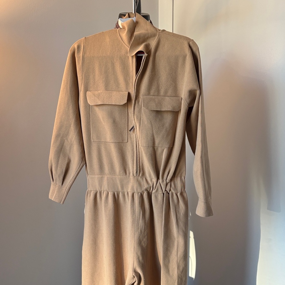 Zara Beige Long-Sleeve Jumpsuit